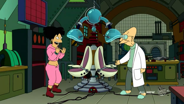 Screengrab from Futurama. Amy and the professor are stood near a large machine.